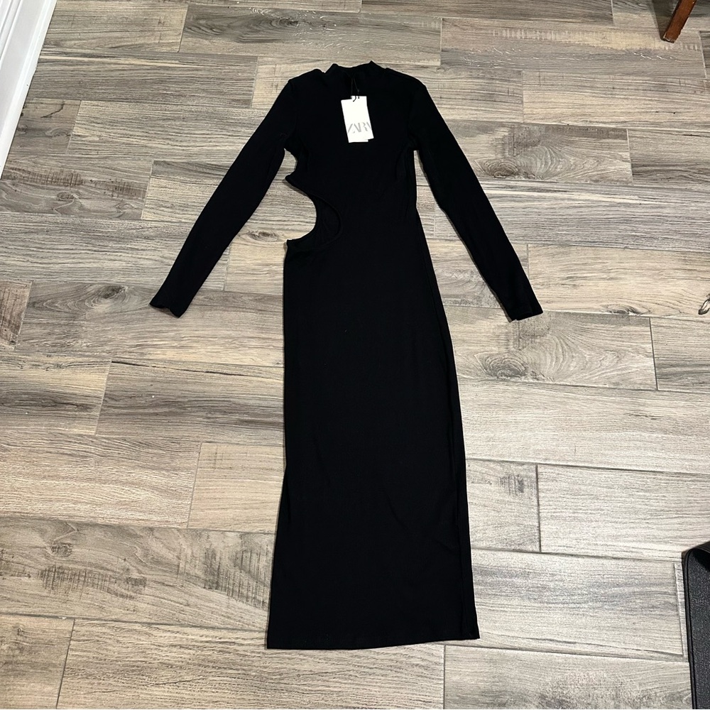 NWT Zara Elegant Black Long Sleeve Dress with Side Cutout